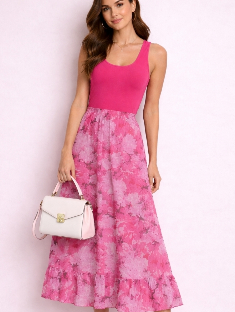 Tradition | Vintage Pink Floral Midi Skirt | Elastic Waist | Double Ruffle Hem - Picture 9 of 11